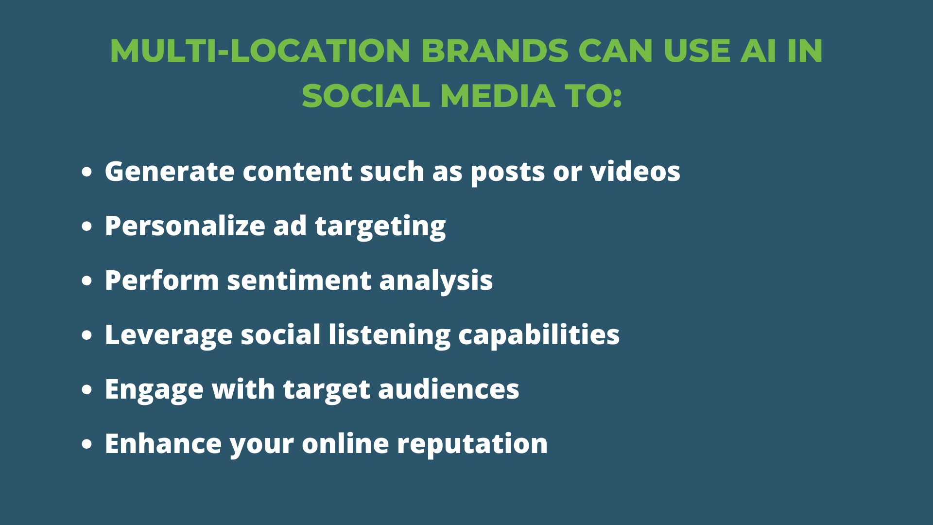 A list with a dark blue background and white text sharing how multi-location brands can use AI in social media