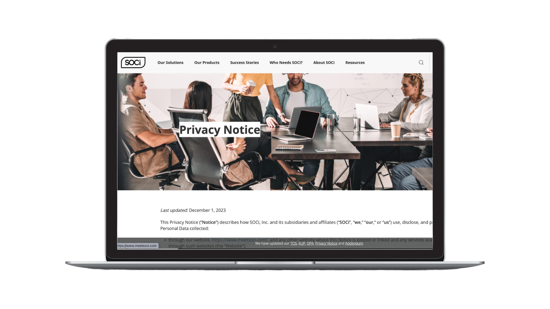  Screenshot of SOCi privacy page (updated December 1, 2023) overlaid on a laptop.