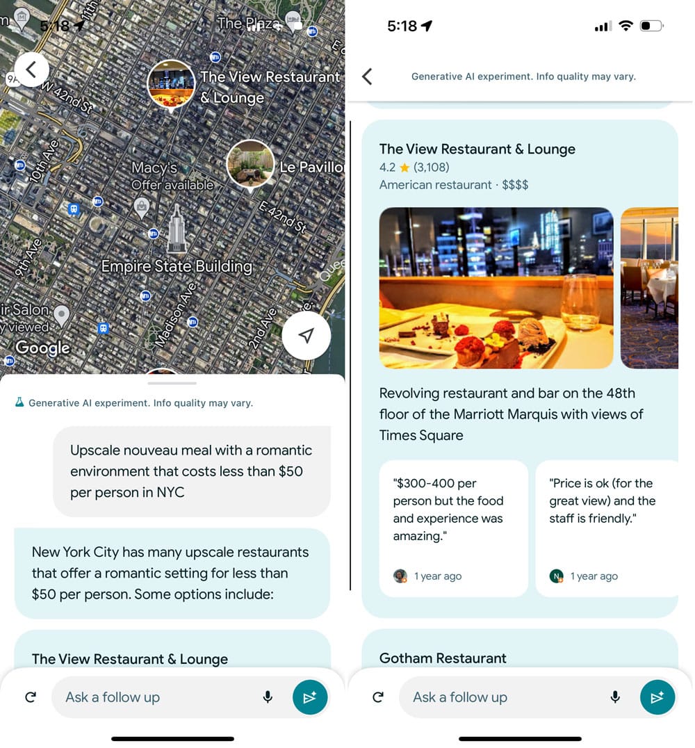 An example of AI Google Maps showing maps and images of restaurants and a generative AI chat
