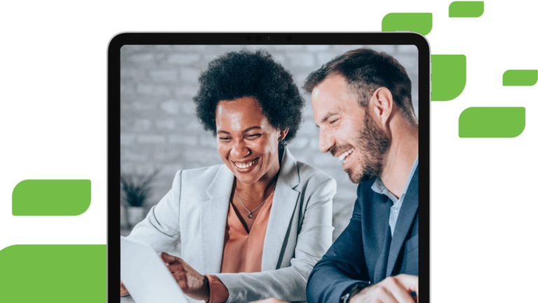 Shot of a two confident business persons sitting on a desk in the office overlaid on a tablet with green ovals in the background.