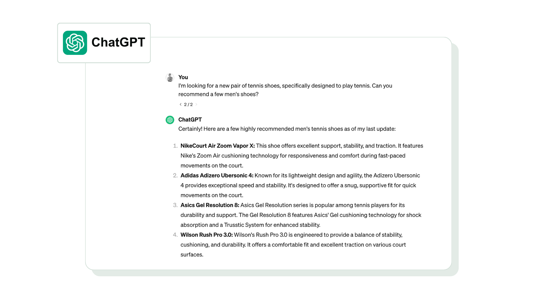 Screenshot of ChatGPT results when asking for the best men's tennis shoes