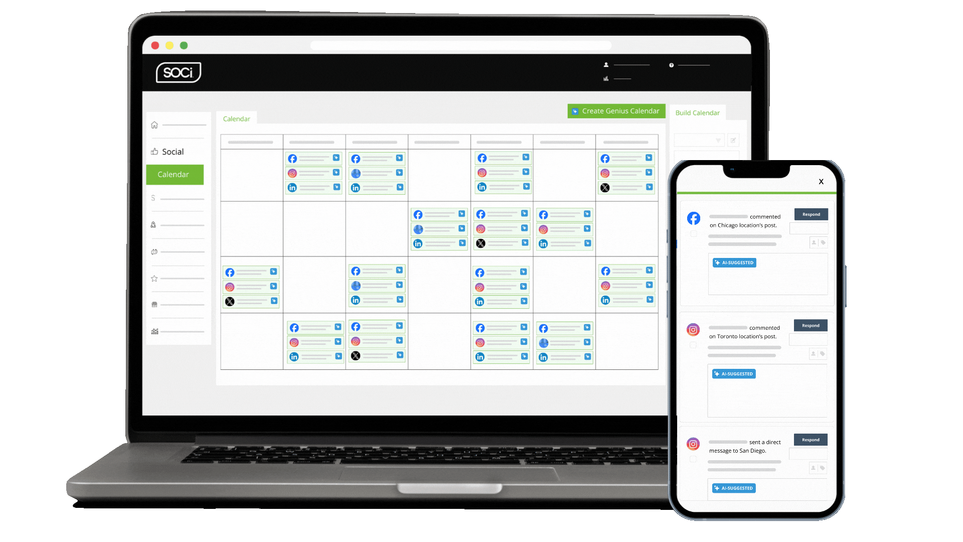 Example of Genius Social media calendar on a laptop with a gif of an AI response to comments on Facebook and Instagram overlaid on a smartphone.