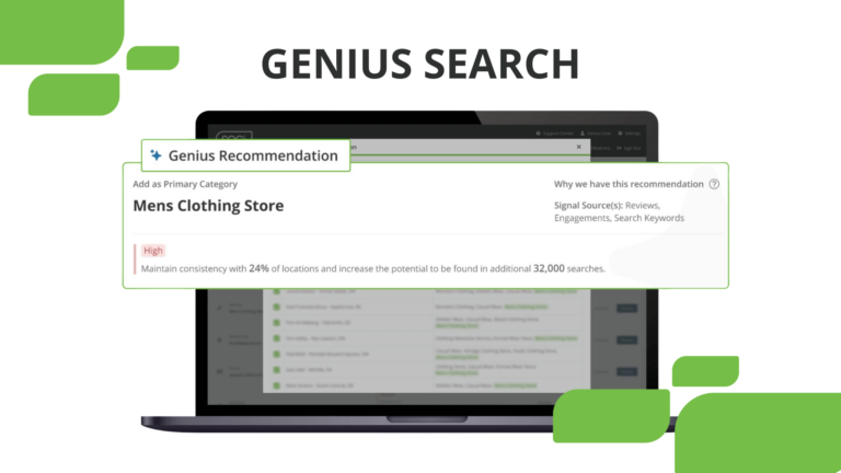 Genius Search platform showing Genius recommendations overlaid on a computer with green leafs in the background.