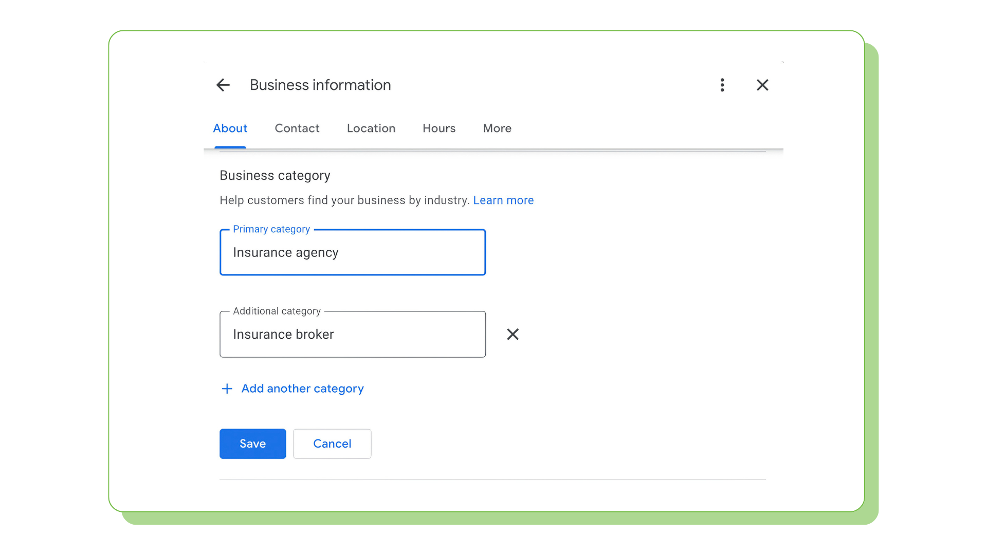 Example of a Google Business Profile categories as an insurance agency and broker overlaid on a light green bordered rectangle