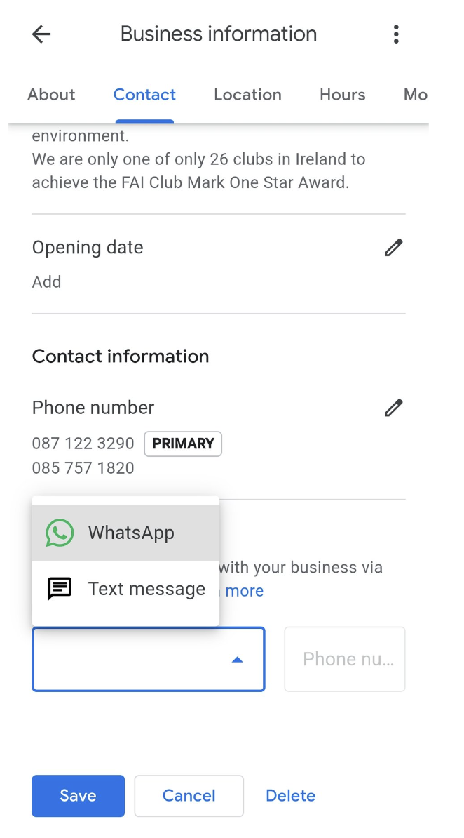 An image of a GBP showing where businesses can add their phone numbers for customers to message them through SMS and WhatsApp