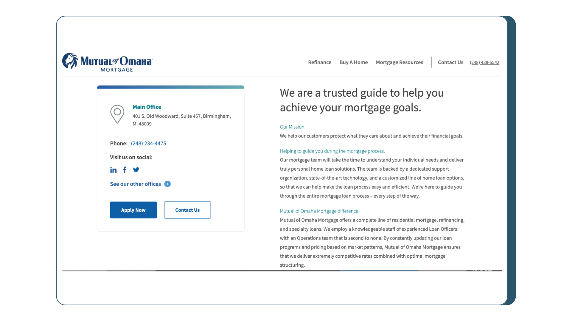 Example of a local landing page by Mutual of Omaha Mortgage showing the office address, phone number, links to social media accounts, and mission statements.