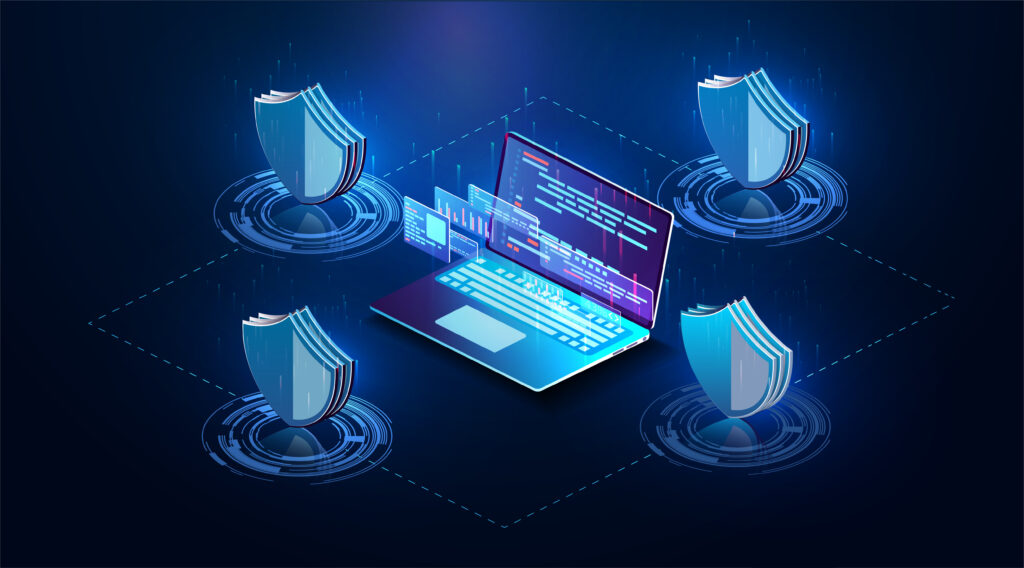 Visualization of digital security with shields surrounding a laptop