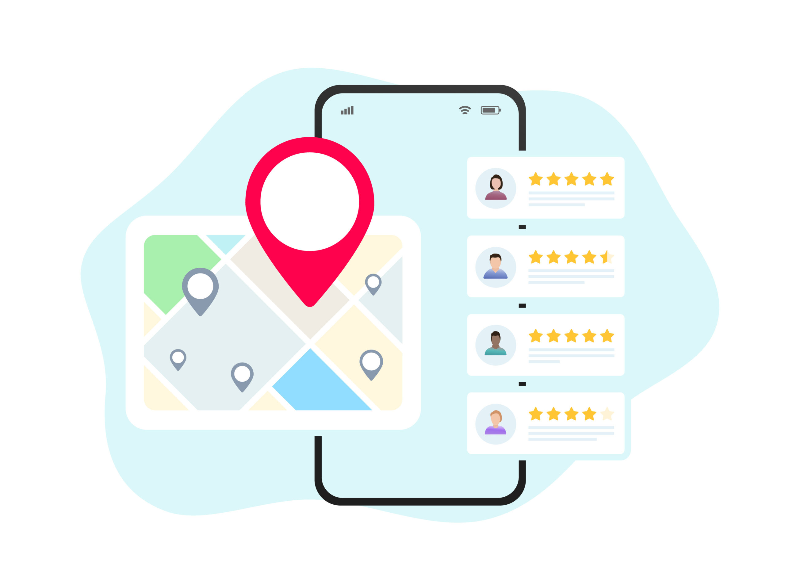 illustration of map location pin and customer reviews