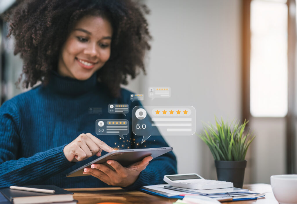 image of woman holding a phone with an overlay of customer review content