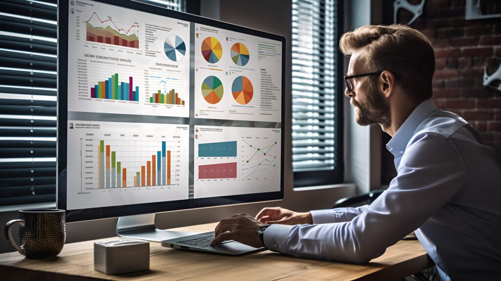 man working at a desk with computer monitor showing charts and graphs